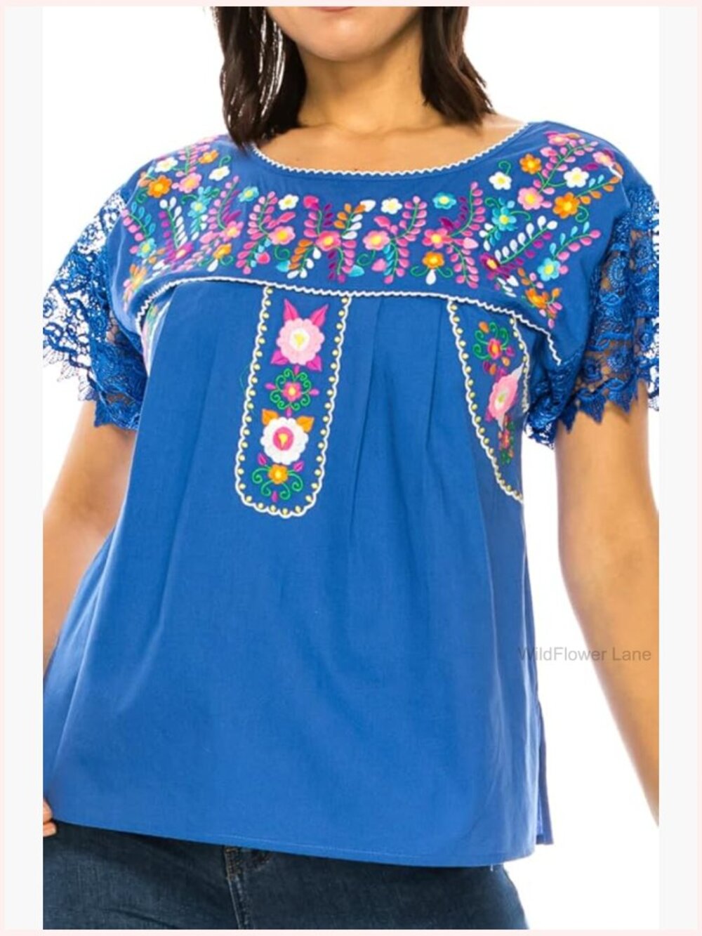 Traditional Mexican Embroidered Blouse Loose Fit Cotton Peasant Top